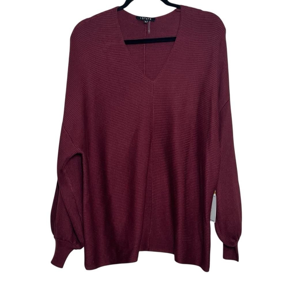 1. STATE Sweater Womens Size 3X Windsor Wine V-Neck Ribbed Puff Sleeve NWT